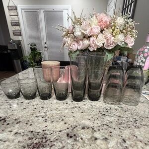Smoky Gray/Black Tumbler Drinking Glass Cups Set - 6 large/8 Small.
